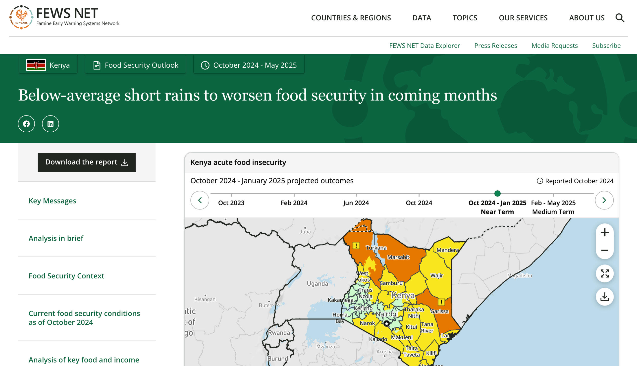 Screenshot of a report page on the Famine Early Warning Systems Network website with a headline, section navigation sidebar, and an interactive map of Kenya.
